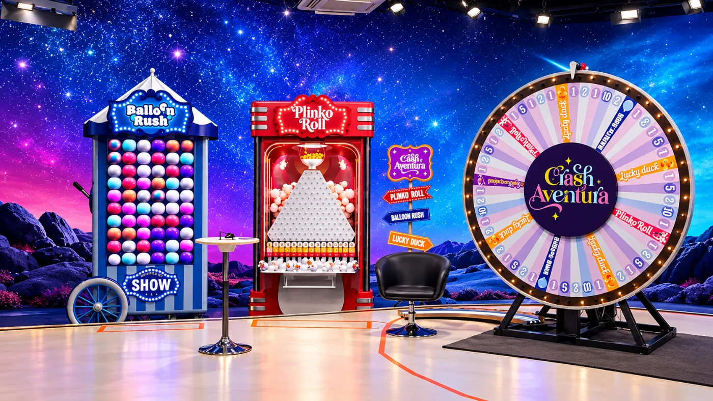 Game show set: Balloon Rush, Plinko Roll and Cash Aventura wheel