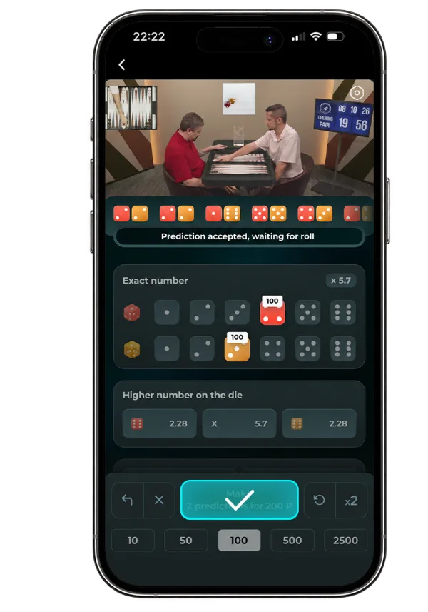 Dice game on a phone with live backgammon video