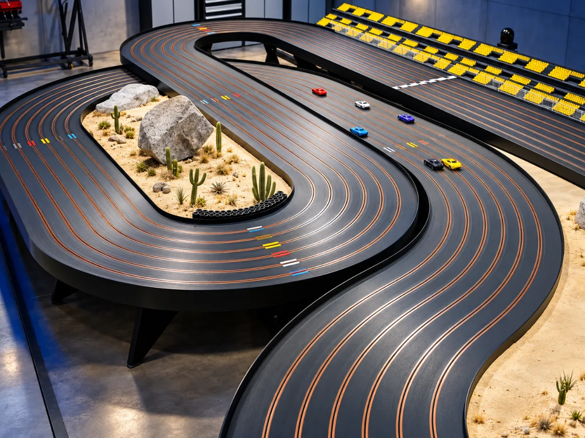 Slot car race track in the studio